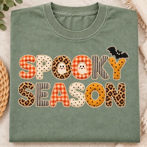 Spooky Season PNG, Applique Patchwork Halloween Letters, Leopard Gingham Ghost Sublimation, Cute Halloween Shirt, Halloween PNG