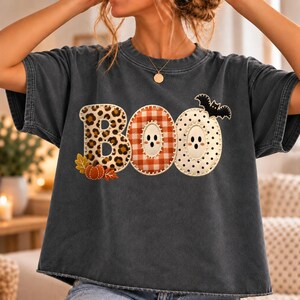 Boo PNG, applicatie patchwork Halloween letters, luipaardprint spook Boo sublimatie, schattig Halloween shirt, Halloween PNG