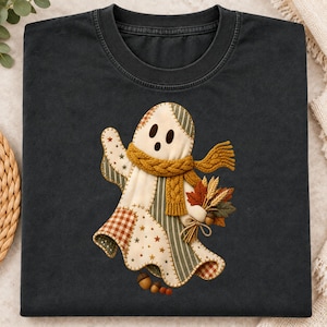 Patchwork Spöke PNG, Faux Applikation Quilted Halloween Design, Mysig Höstsjal Spöke Sublimering, Höstskjorta, Halloween PNG, Höst PNG