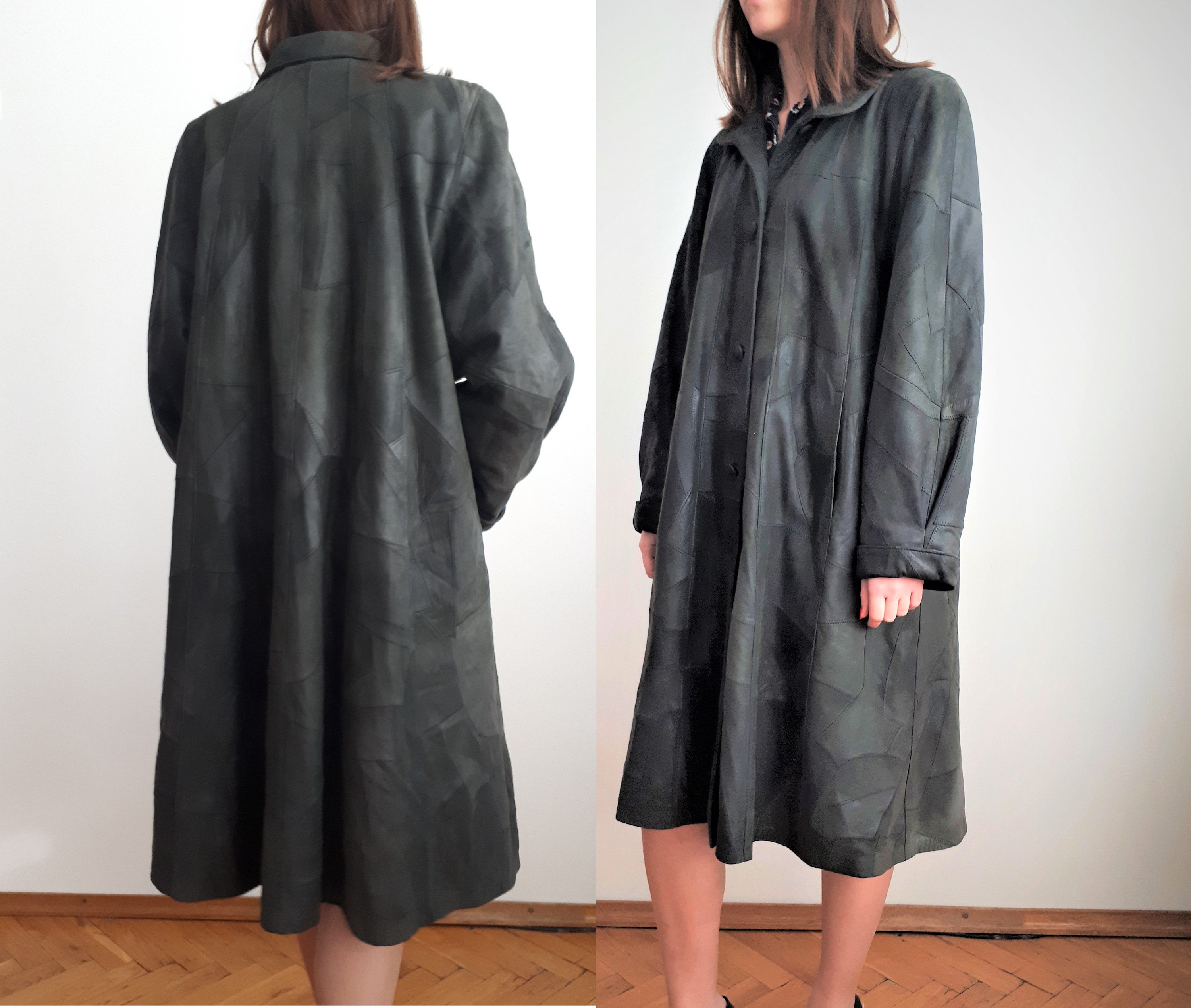 Image of Vintage Black Leather Patchwork Design Midi Winter Coat S M