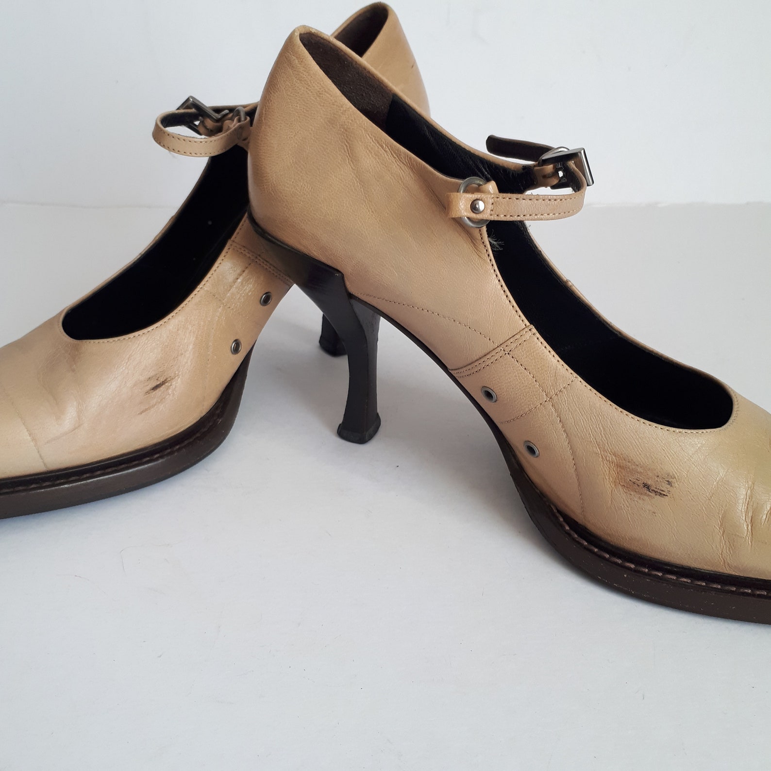 PRADA vintage 90s Beige Leather Mary Jane Heels Pumps 38 | Etsy
