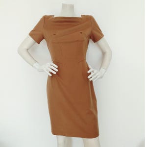 vintage Mugler honey beige cashmere + wool fitted dress FR40
