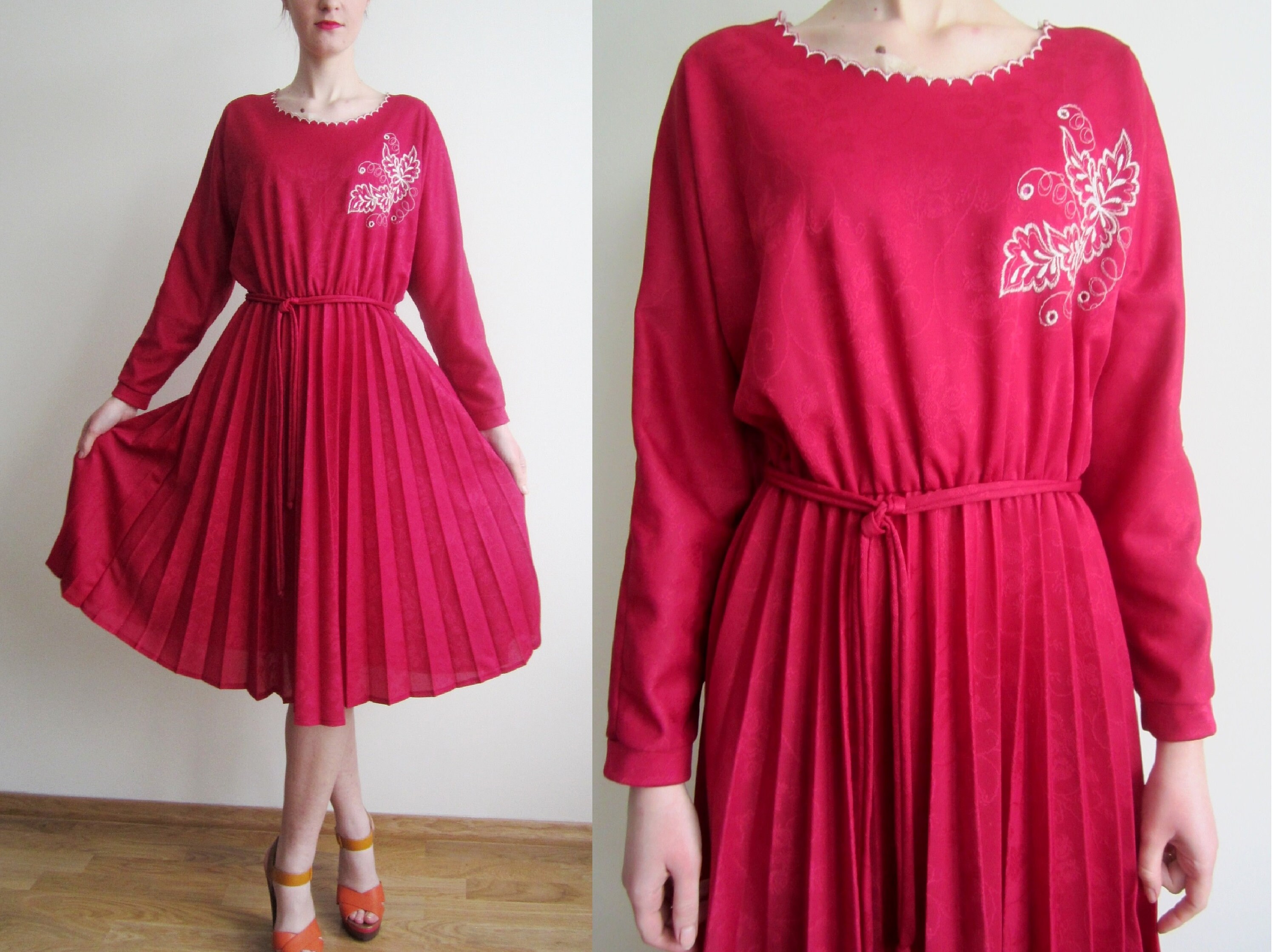 Image of Vintage S S Burgundy Red Jacquard Pleated Dress S M