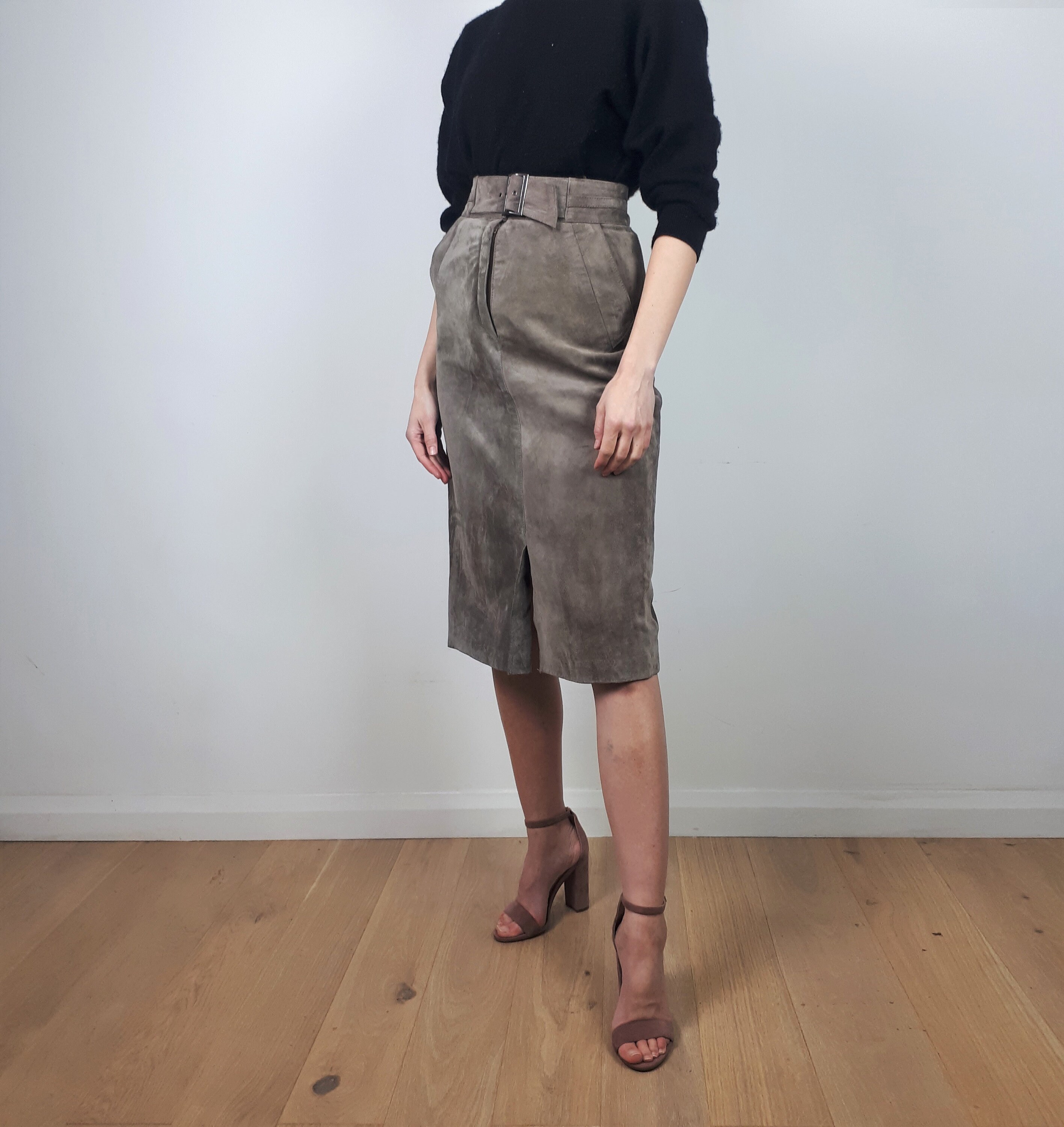 Vintage Mink Beige Taupe Midi Ankle Length Suede leather skirt | Etsy