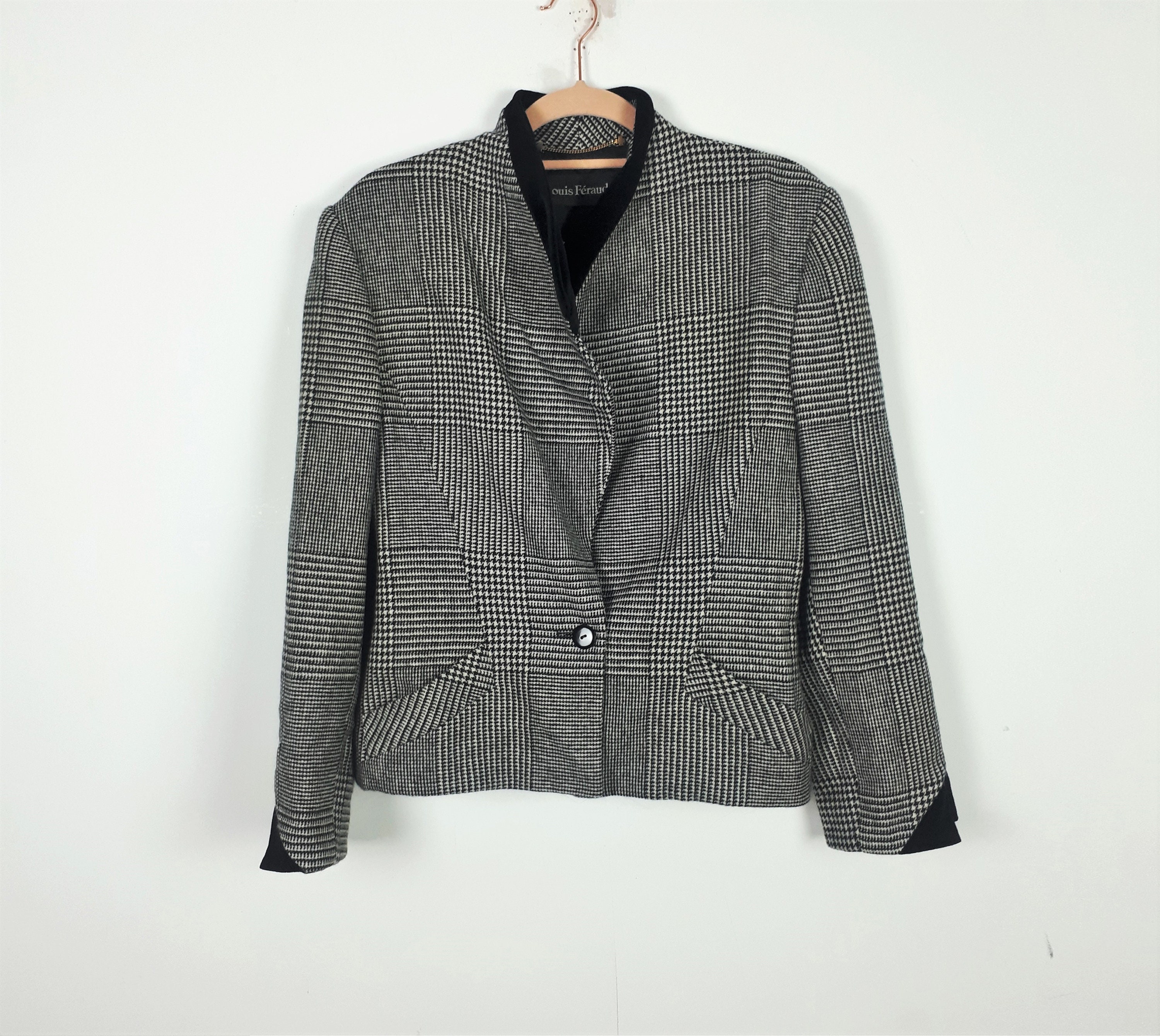 vtgTreasureChest Vintage Louis Feraud Price of Wales Check Tartan Print Wool + Velvet Blazer Jacket S M