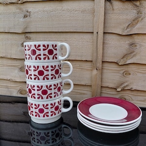 Vintage Arklow Larne Coffee Set: Red Mid-Century Irish Pottery Cups, Saucers, Creamer, Sugar
