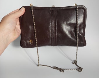 vintage Japelle brown leather clutch chain shoulder clasp bag