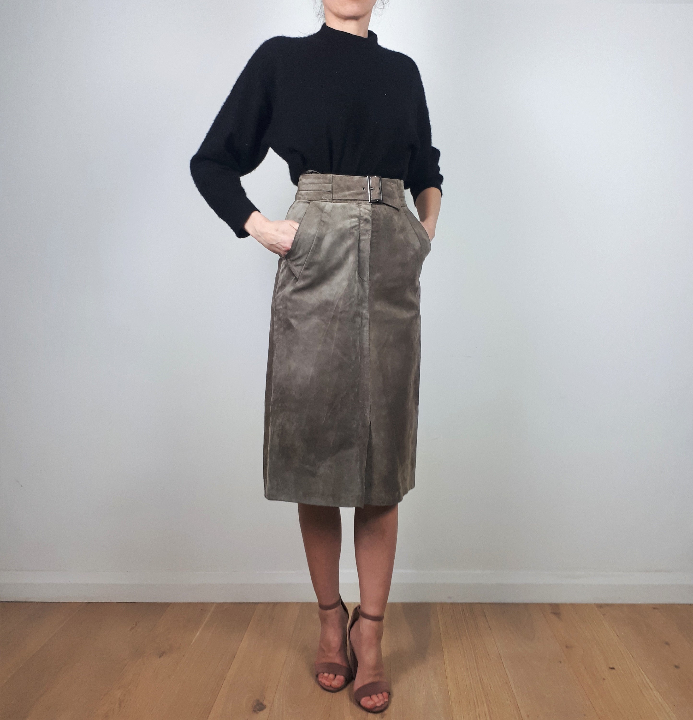 Vintage Mink Beige Taupe Midi Ankle Length Suede leather skirt | Etsy