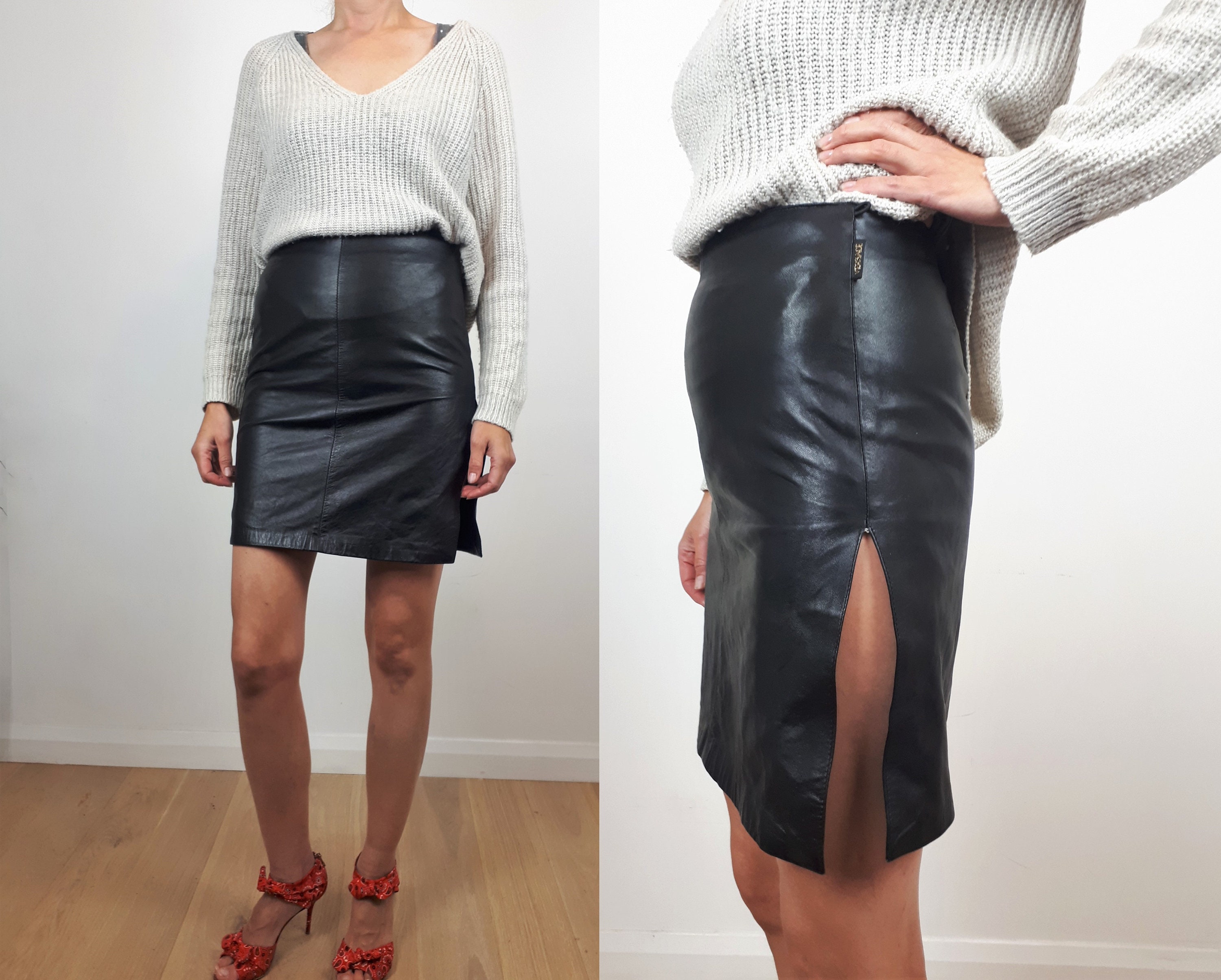 Image of Versace Vintage Black Leather Thigh Slit Pencil Mini Skirt Small