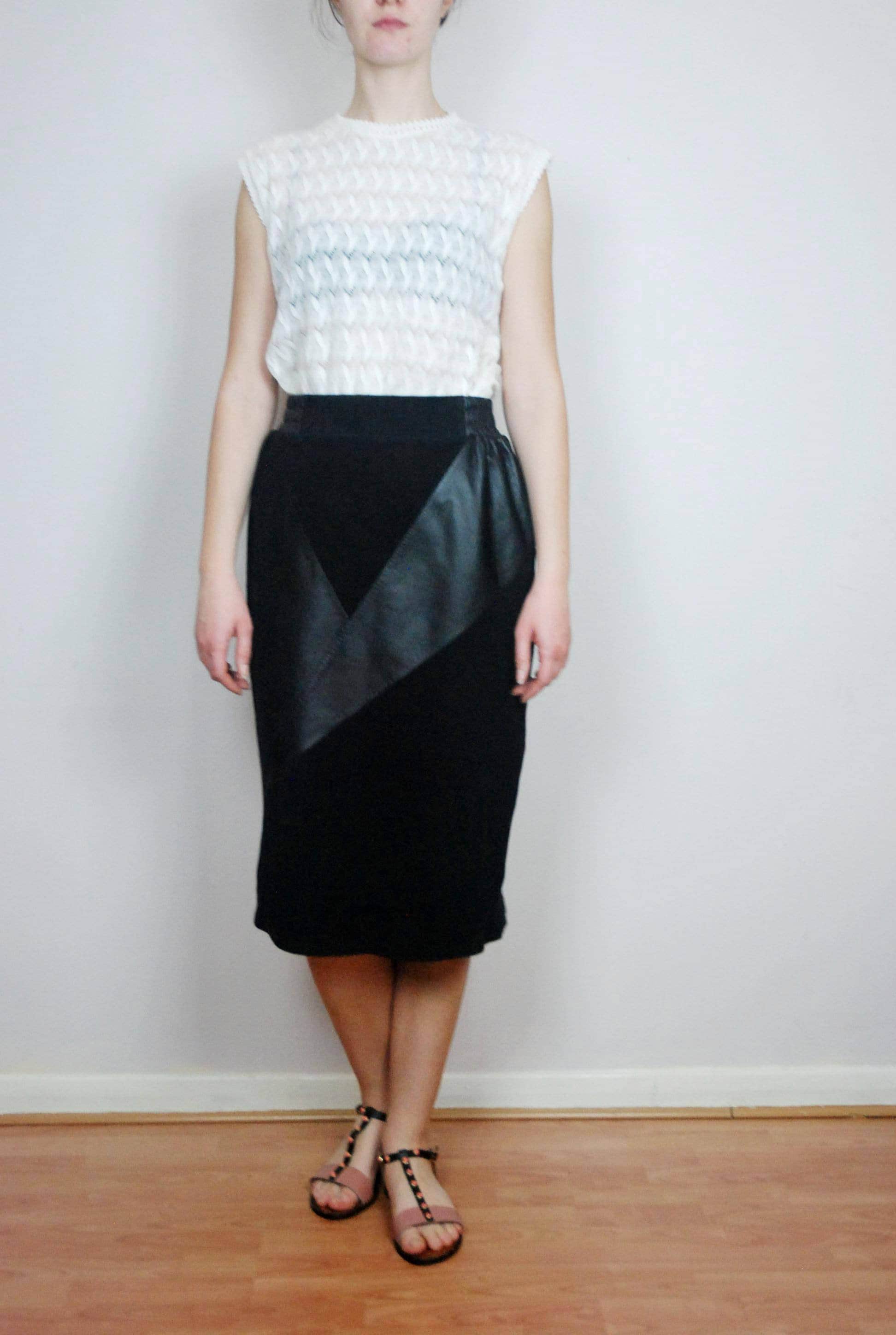 Image of Vintage Ysl Saint Laurent Black Suede & Leather Skirt S M