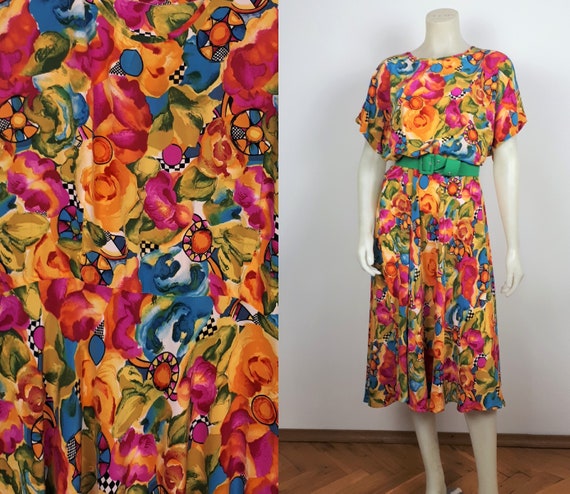 vintage 80s 90s Neon Floral graphic print silk day