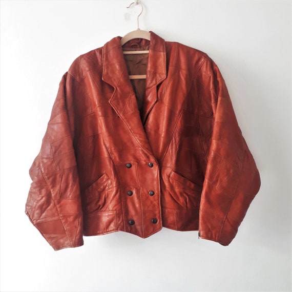 Patchwork Real Leather Oversized Jacket Vintage 80s Big Sleeve One Button Embellished batwing Genuine Leather Jacket Size Small