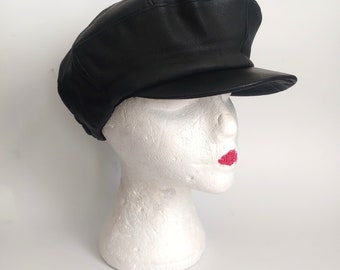 vintage 80s 90s black Leather newsboy cap Baker Boy Peaky Blinder hat