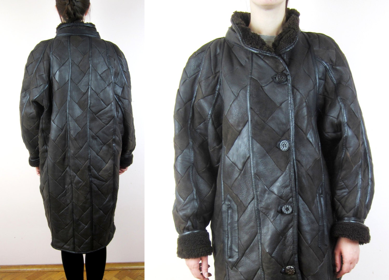 Image of Vintage Leather Patchwork Design Winter Coat M L