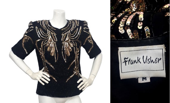 vtg Frank Usher black silk sequin top blouse