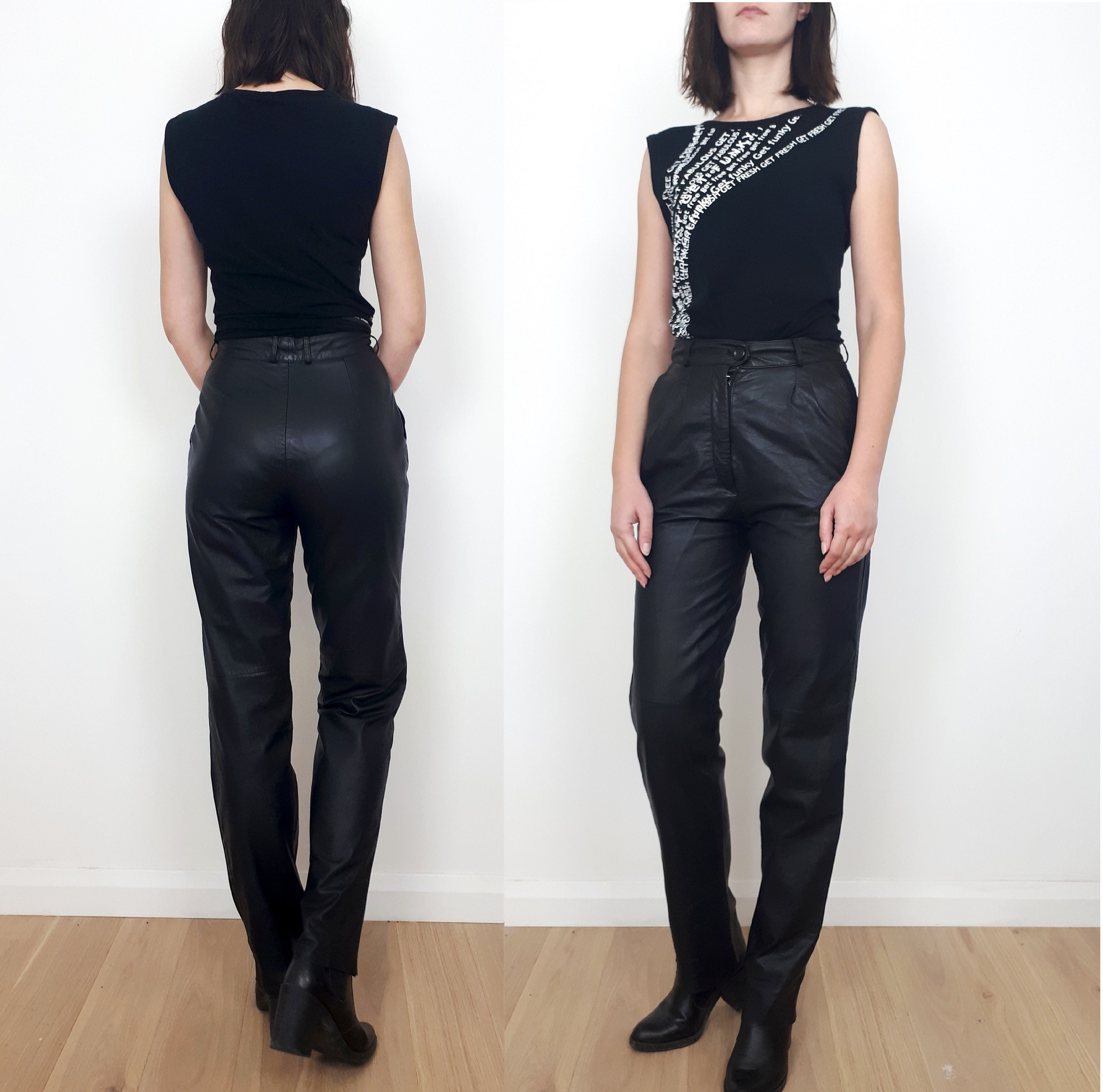 Image of Vintage S S Black Leather Pleated Trousers Pants Small