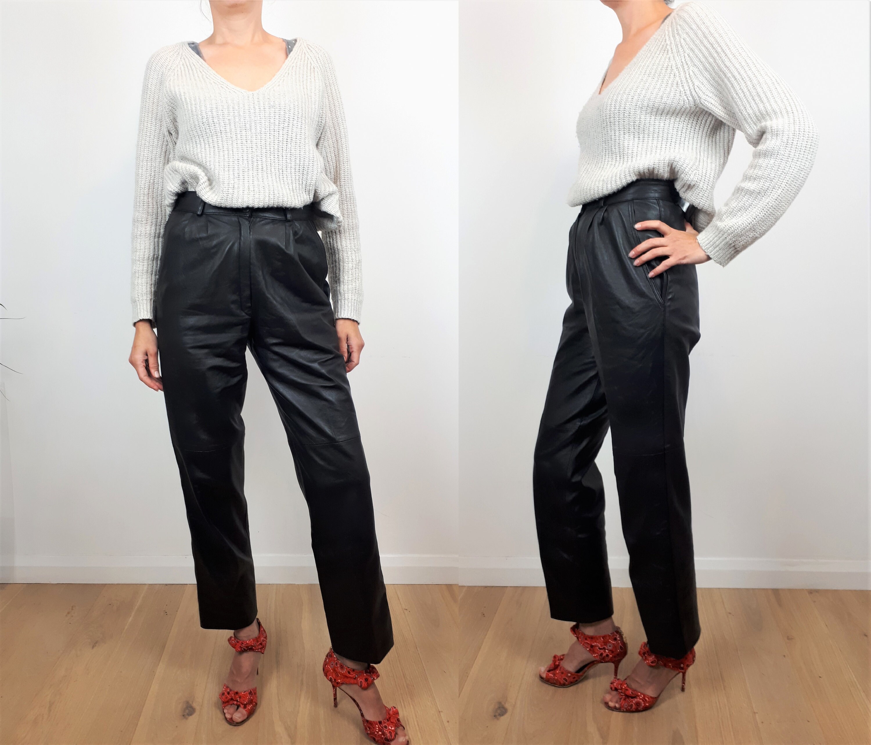 Image of Vintage Black Leather High Rise Tapered Leg Waisted Pleated Trousers Small
