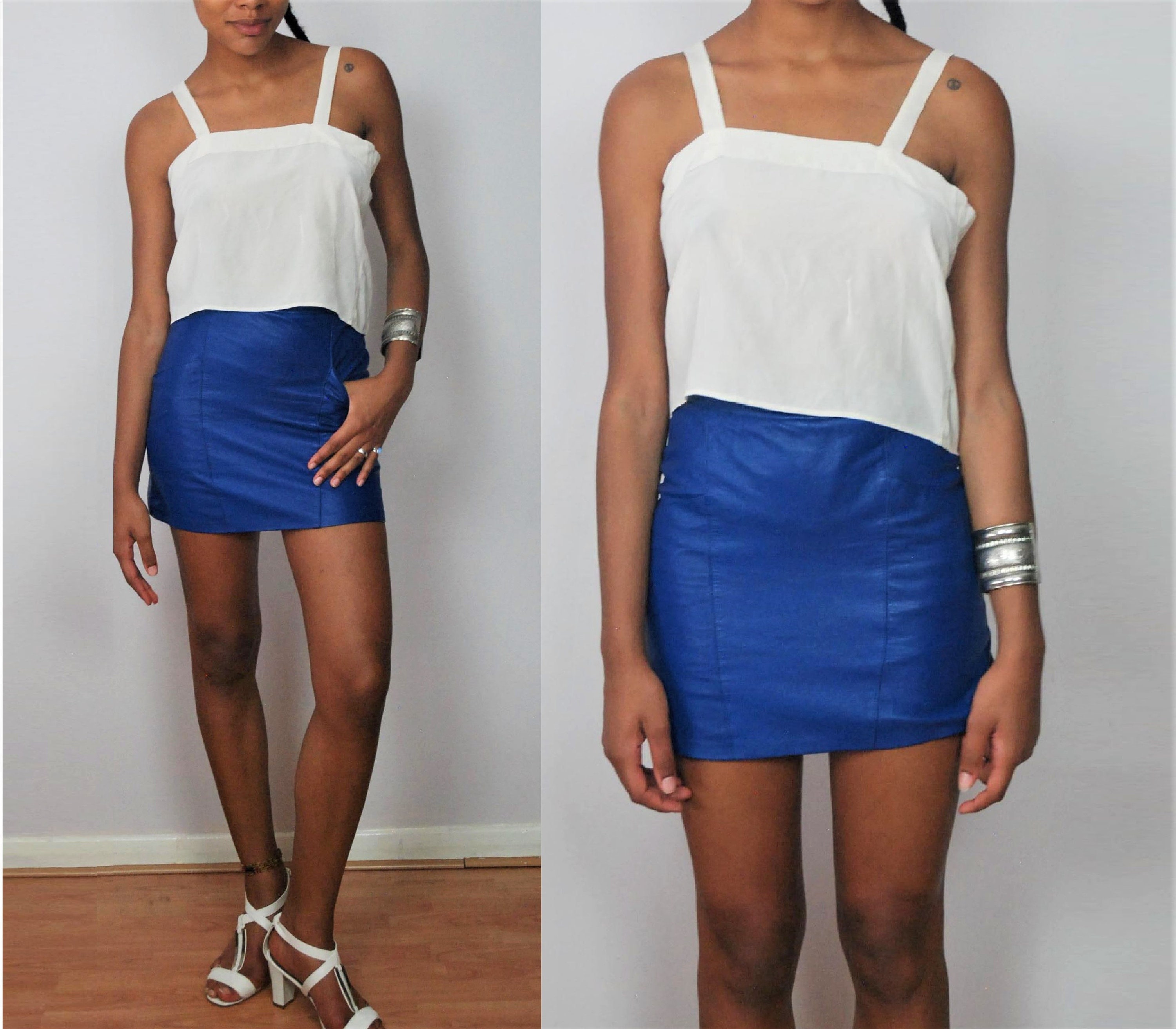 Image of Vintage Blue Leather Short Mini Pencil Skirt Xs S