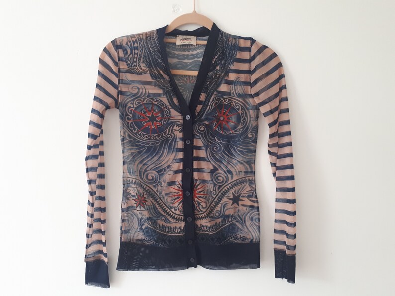 vintage Jean Paul GAULTIER sheer mesh printed top blouse cardigan S