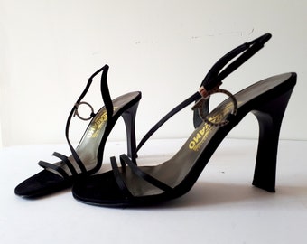 FERRAGAMO Gancini Gem Diamante vintage black satin strappy heels 7B