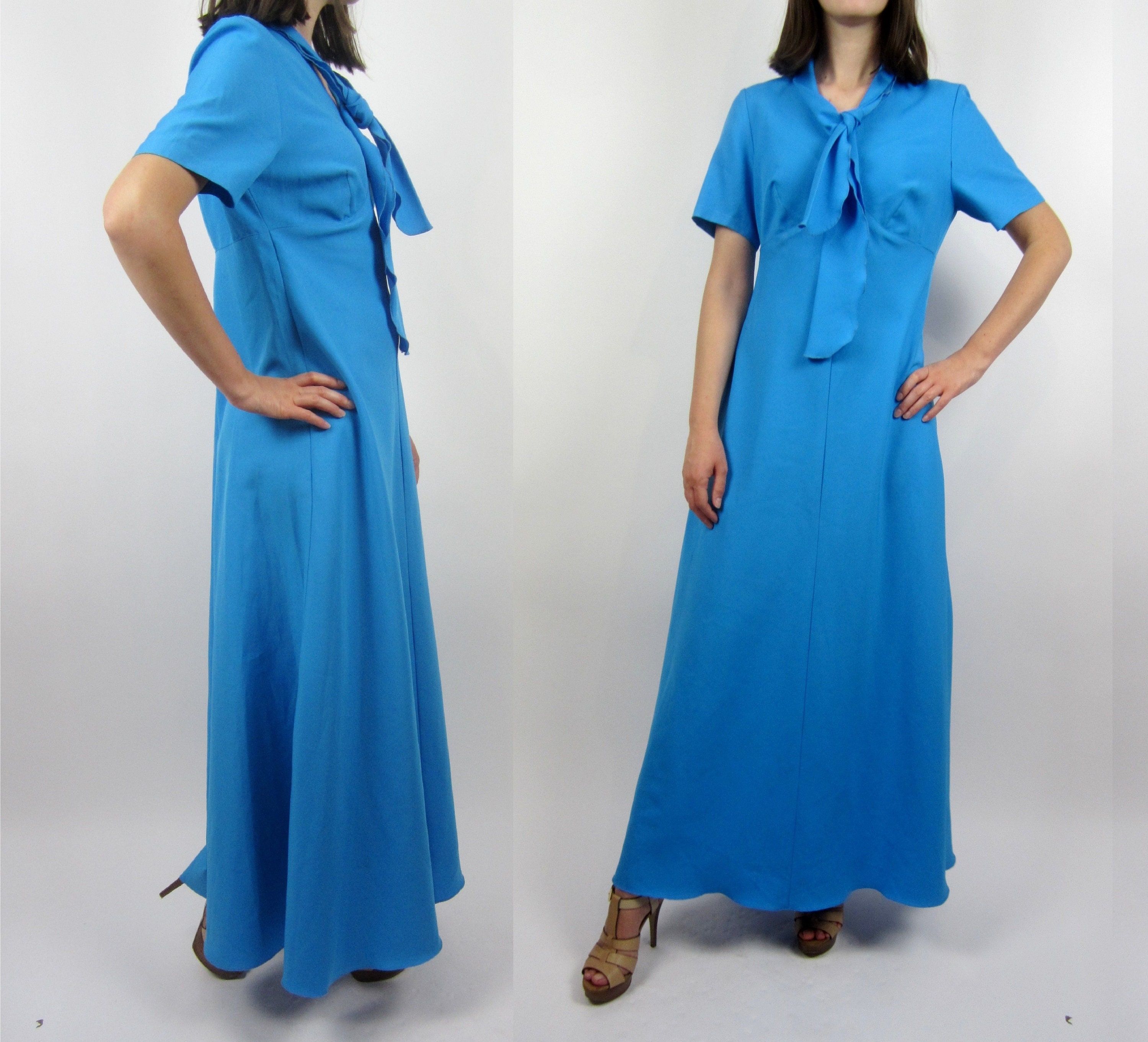 Image of Vtg S Sea Blue Maxi Full Length Cocktail Neck Tie Dress S M