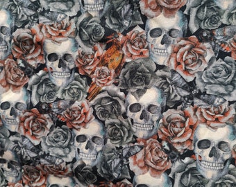 Jersey white skulls with red and black roses skulls skeleton skull jersey fabric death head skull