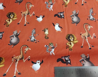 Poplin Cotton Digital Madagascar Penguin Lion Giraffe Hippopotamus Background color red