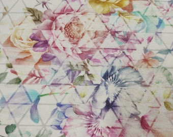 Elastic cotton jersey - Colorful floral patterns for creative sewing projects, interestingly interrupted by gray triangles