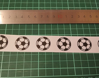 1.00 m polyester grosgrain ribbon white footballs, 26 mm wide, football tournament, World Cup, European Championship, Bundesliga, youth, district class