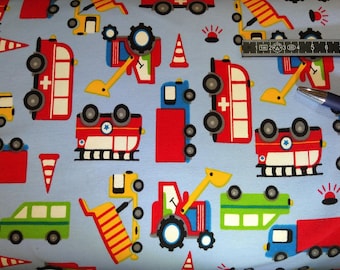 Jersey fabric, construction site vehicles, excavators, dump trucks, buses, fire engines, ambulances, building houses, streets, paths