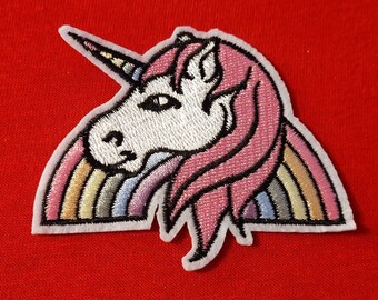 Einhorn Regenbogen Bügelbild Motiv zum aufbügeln als Flicken oder als Designpatch Einhornkopf vor dem Regenbogen