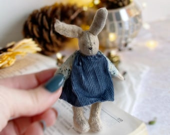 OOAK Textile teddy rabbit doll in vintage style, interior decot toy on a stand, a gift for women.