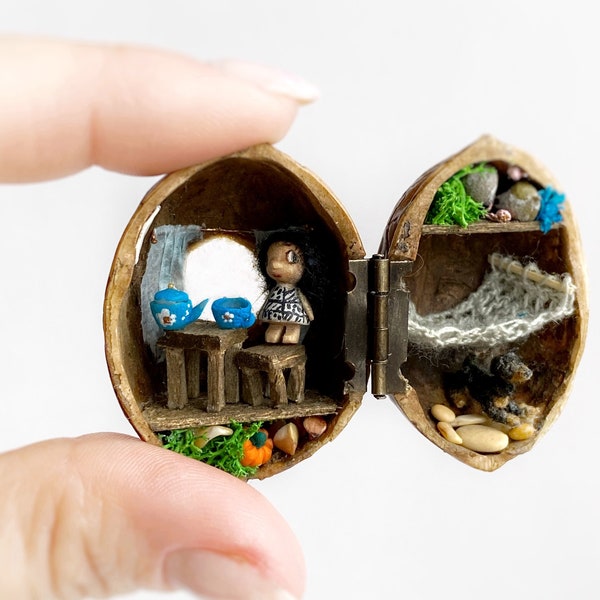 Fairy garden house, wooden toys. Fairy house kit. Walnut shell diorama. Fairy garden castle. Micro crochet dog. Doll house hammock.