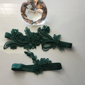 Hunter Green Lace Bridal Garter Set: Rhinestone Wedding Garter