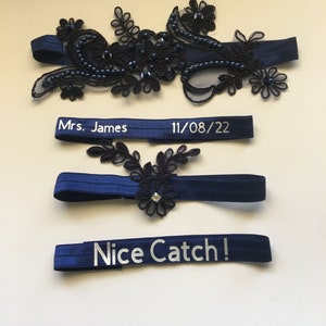 Navy Lace Wedding Garter Set: Rhinestone Bridal Garter, Personalized