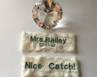 Custom Embroidered Wedding Garter Set: Stretch Lace, Hunter Green