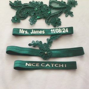 Hunter Green Lace Wedding Garter Set: Rhinestone Bridal Garter, Plus Size, Personalized
