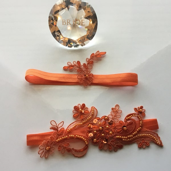 Orange Lace garter,Orange Wedding Garter, Orange Wedding,Orange Wedding Garter,Plus Size Garter, Any Garter Size, Wedding Garter