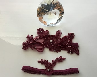 Burgundy Lace Wedding Garter Set with Rhinestones