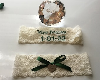 Custom Embroidered Lace Wedding Garter Set, Hunter Green