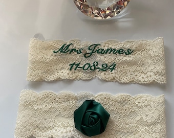 Monogrammed Wedding Garter Set: Stretch Lace, Hunter Green, Personalized