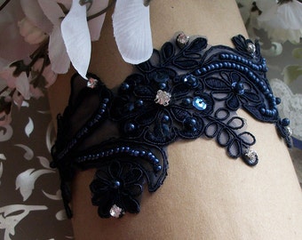 Navy Blue Lace Wedding Garter Set: Rhinestone Bridal Garter