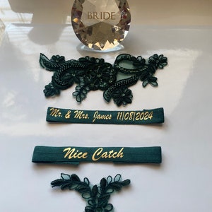 Hunter Green Lace Wedding Garter: Rhinestone Bridal Garter, Personalized