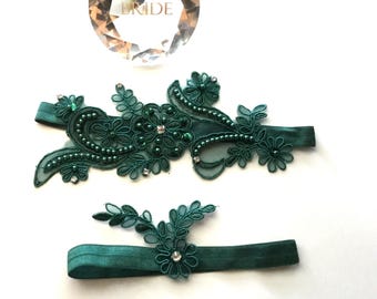 Hunter Green Lace Wedding Garter Set: Keepsake & Toss Garter,All Size Wedding Garter