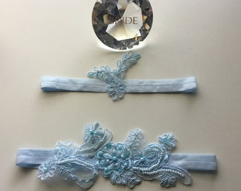 Conjunto de liga nupcial de encaje azul suave: liga nupcial con cuentas