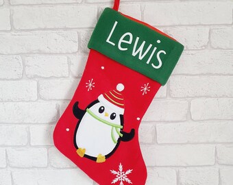 Penguin Christmas Stocking~Personalised Christmas Stocking~Kids Xmas Stocking~Reindeer Stocking~Father Christmas Stocking~Personalized Sock