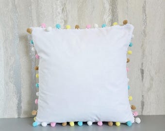 Pastel Pompom Cushion~Multi Coloured Pom Pom Pillow~Livingroom Decor~Nursery Decoration~White Cushion~Princess Bedroom~Unicorn Bedroom