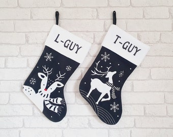 Reindeer Christmas Stocking~Personalised Xmas Stocking~Black and White Christmas Decor~His and Hers Stockings~Xmas Sock