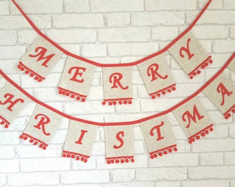 Merry Christmas Bunting~Christmas Garland~Christmas Pom Pom Banner~Christmas Decoration~Fireplace Decor~Christmas Party Decoration