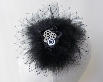 Black Steampunk Fascinator with Brass or Silver Cogs Fluff Feathers Veiling Hair Clip Headpiece - Gothic Victorian Wedding - Made to Order